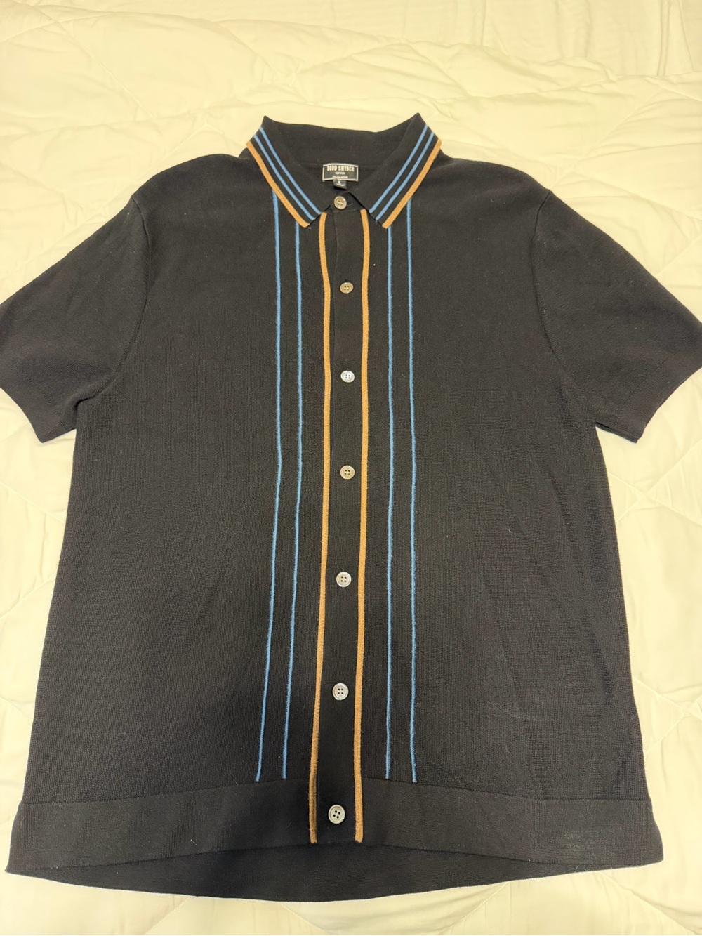 Todd Snyder Black Short-Sleeve Polo with Blue and Tan Vertical Stripes